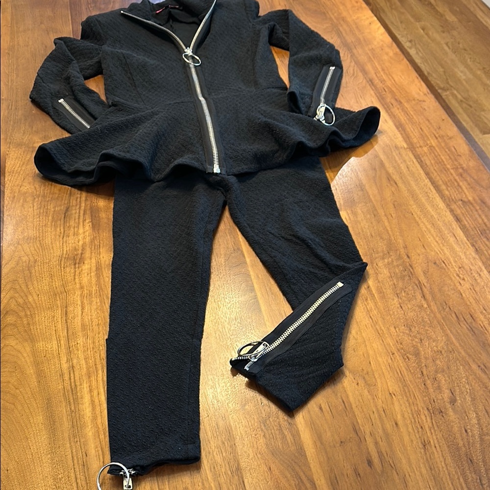 Betsey Johnson Black Peplum Jacket and Pants Set with Zipper Accents
